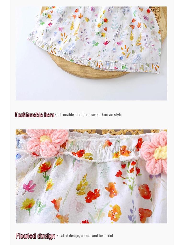2026 New Korean Style Floral Princess Spaghetti Strap Two-Piece Summer Set for Girls