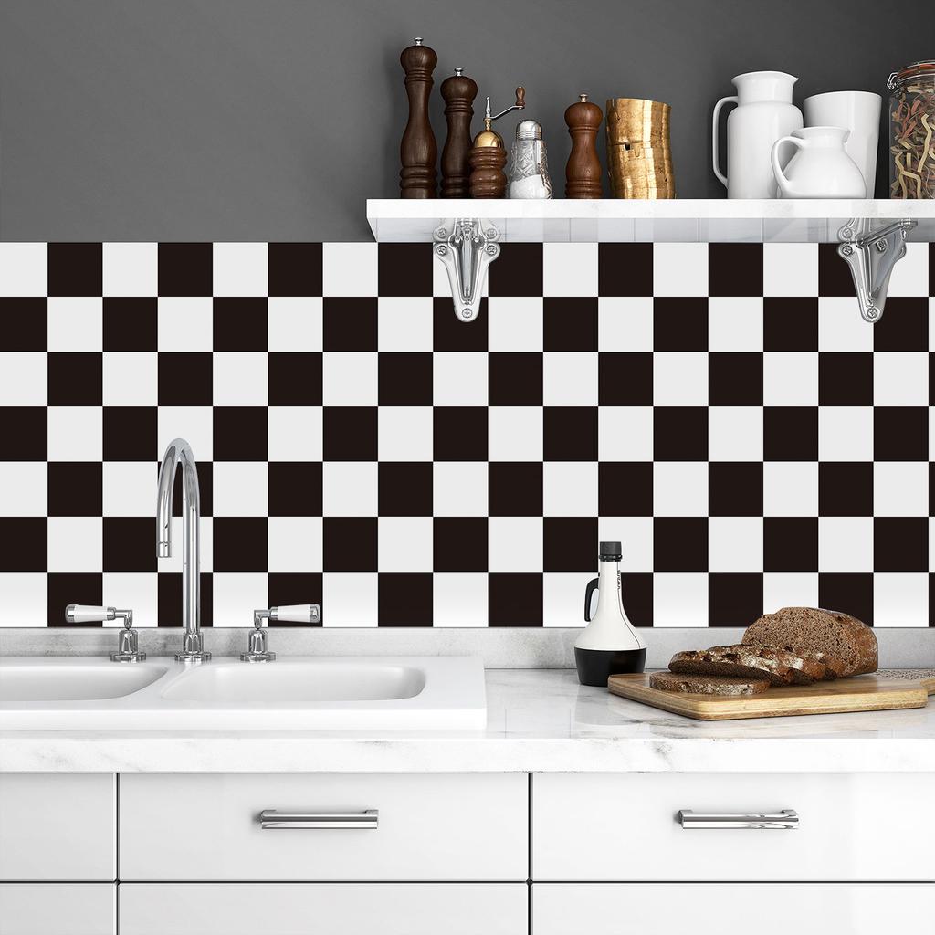 Meiji Vinyl Kitchen And Bathroom Waterproof Oil-Proof Stickers Home Renovation Wallpaper Wall And Floor Decoration Stickers Classic Black White Grid