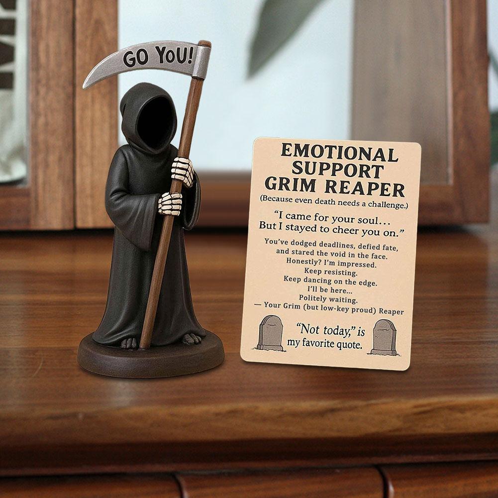 Emotional Support Grim Reaper Figurine with Support Card Gothic Skeleton Statue Desktop Ornament for Halloween Home Office Decor