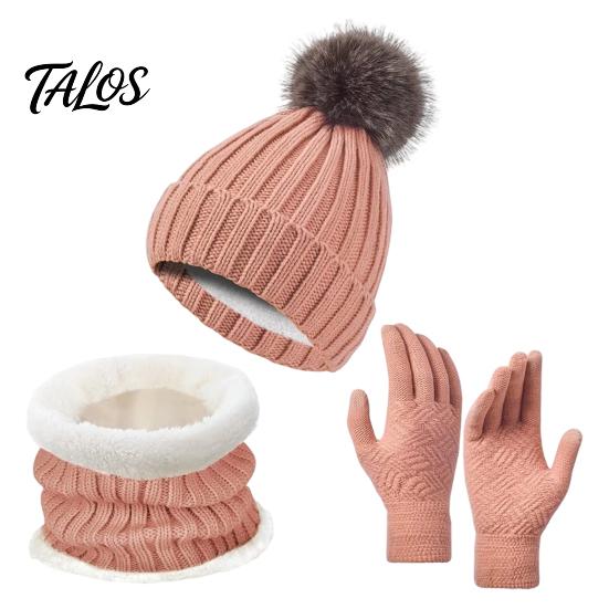 Stylish Winter Outfit Accessories Hat Neck Warmer Gloves Set, Knitted Beanies with Pompom, Touch Thermal Fleece Lined Screen Gloves, Knit for
