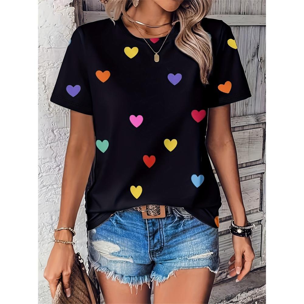 Ladies Casual Short Sleeve Top Heart Printed Ladies Cute Style Short Sleeve T Shirt Summer Home Short Sleeve Ladies T Shirt Tees