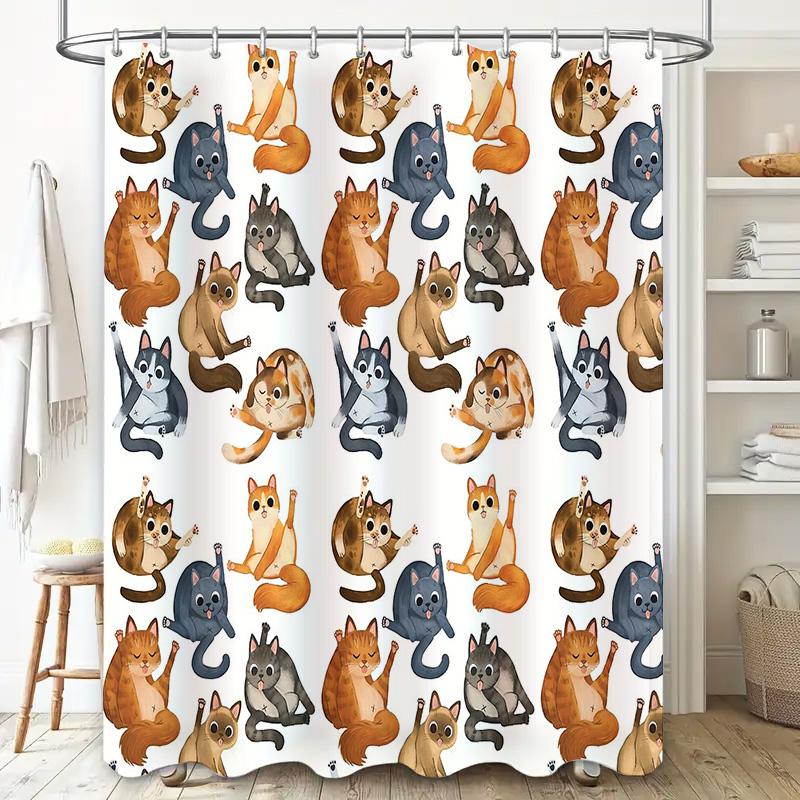 Cat Shower Curtain Cute Kitten Pattern Bathroom Decor Washable Waterproof Fabric Home Decor Vintage Animal Lover Gift Idea Wall