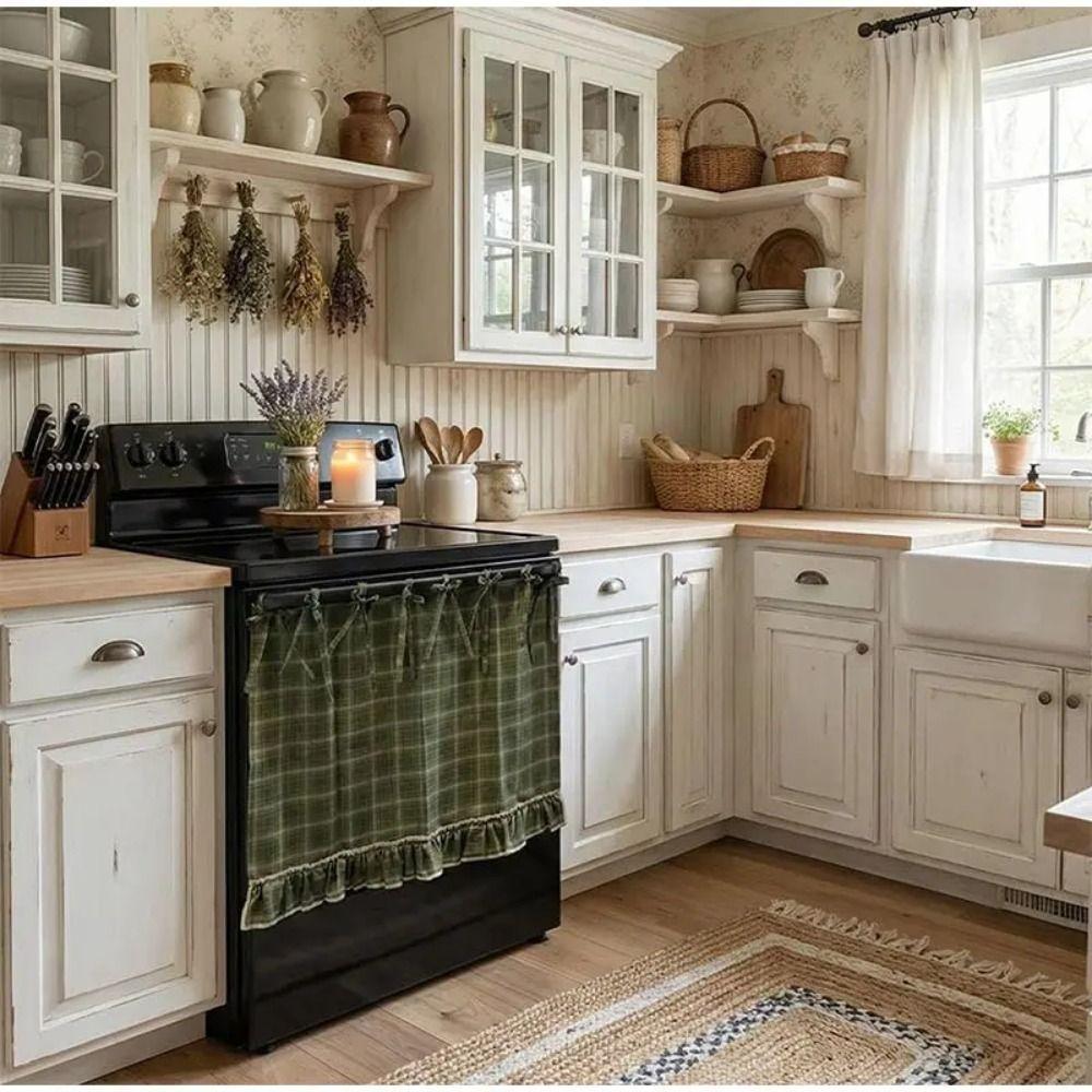 Ruffle Trim Oven Door Curtain Handmade Oven Cover Effortless Install Oven Skirt Rustic Kitchen