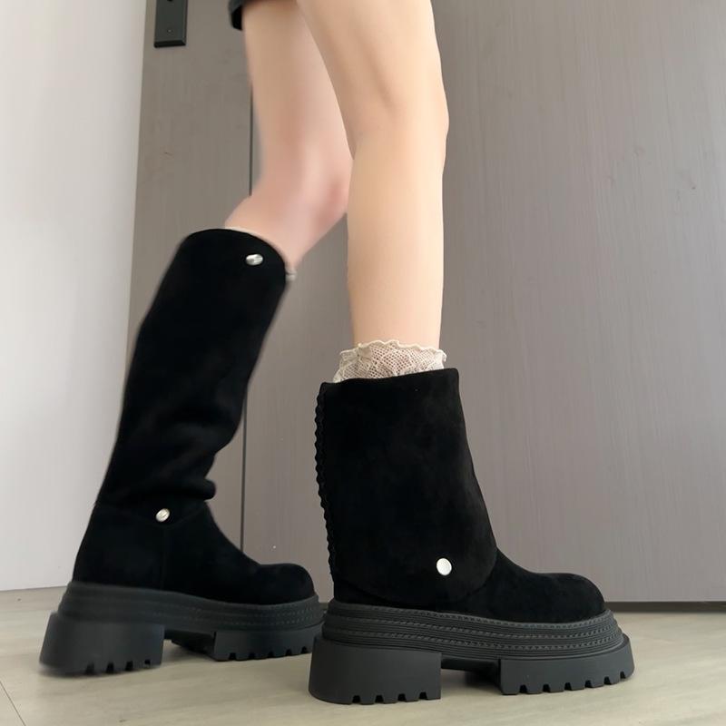 

Дизайнерские ботинки на толстой подошве, увеличивающие рост, женские осенне-зимние новые двухсторонние ретро универсальные и стройнящие рыцарские ботинки 40 чёрный