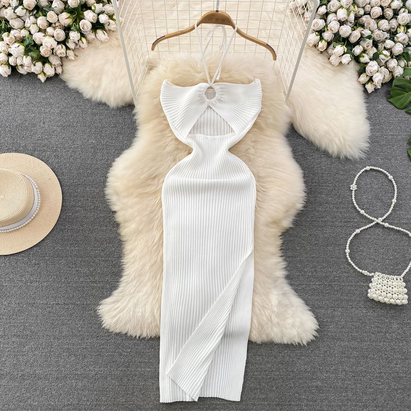 

Socialite Cut Out Skinny Slimming Backless Dress Halterneck White All yards