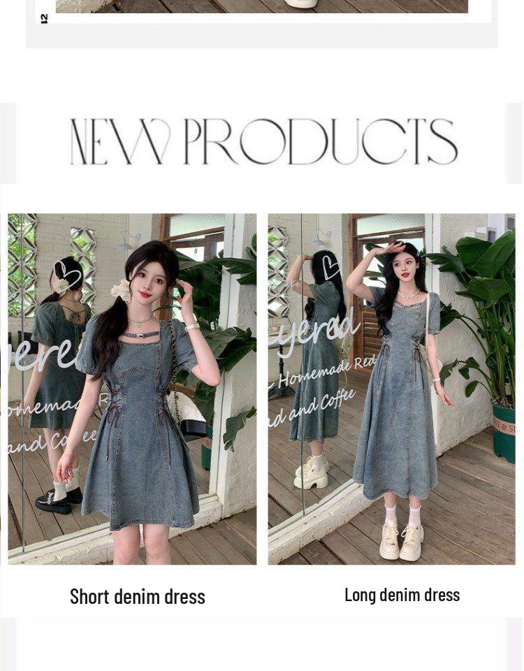 Flattering Plus Size French Square Neck Denim Puff Sleeve Summer Dress for Women