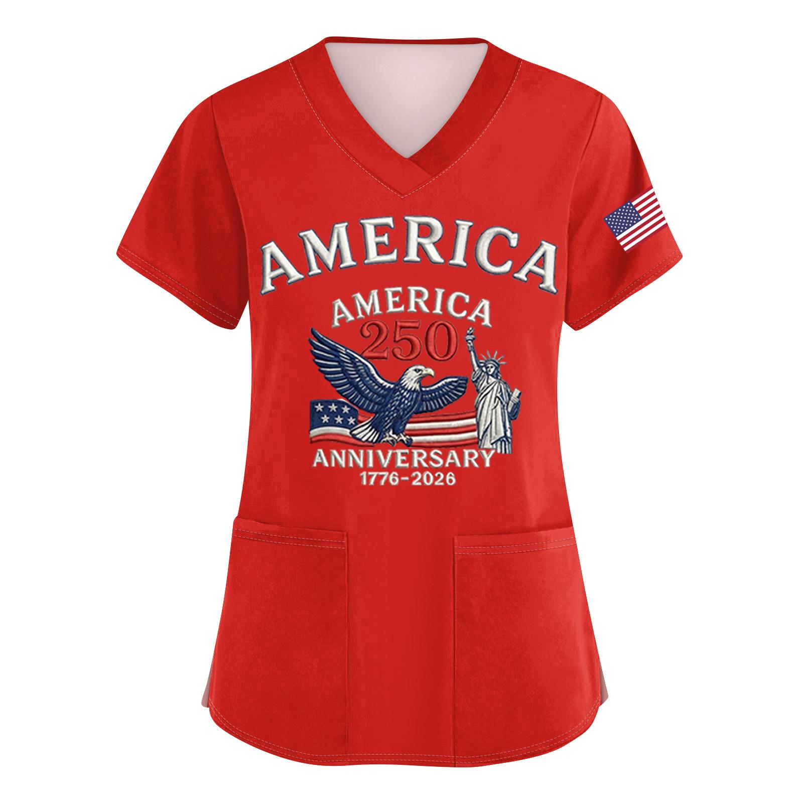 

Women V Neck Short Sleeve Scrub Top with Pocket Side Slits Medical Uniform Shirt 250th Anniversary Print 1776-2026 Healthcare Workwear XXL червоний