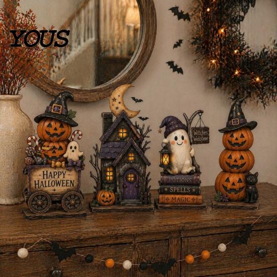 Reusable Wooden Holiday Crafts Farmhouse Halloween Tabletop Decorations, Table Topper Signs, Spooky Seasonal Home Accents Pumpkin Ghost Tiered