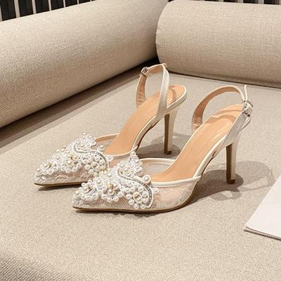French Pointed High Heels Wedding Shoes Women'S Niche Temperament Pearl Lace Mesh Single Shoes Thin Heel Bag Head Sandals