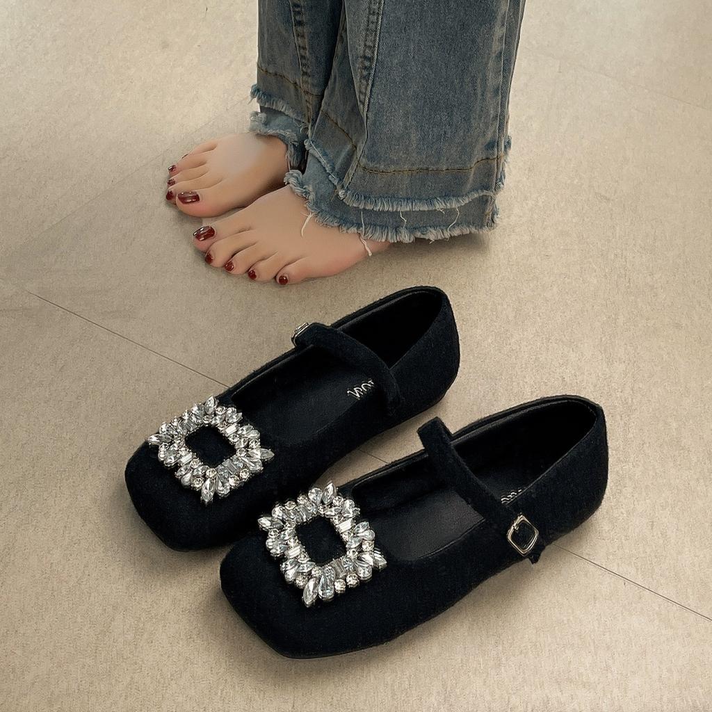 Large size women's shoes 41-43 fat feet French rhinestone woolen Mary Jane shoes spring and summer with skirts shallow beanie shoes list