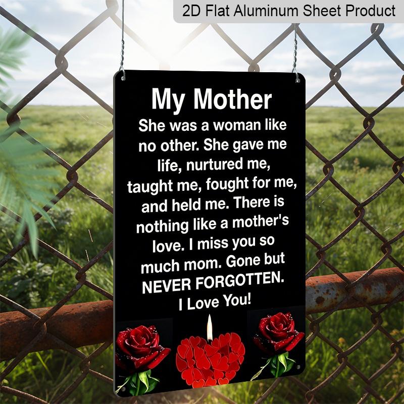 2D Flat Memorial Metal Sign for Mom, "My Mother Gone But Never Forgotten" Quote, 8×12 Inch Aluminum Wall Art, Red Rose & Candle Design, Durable