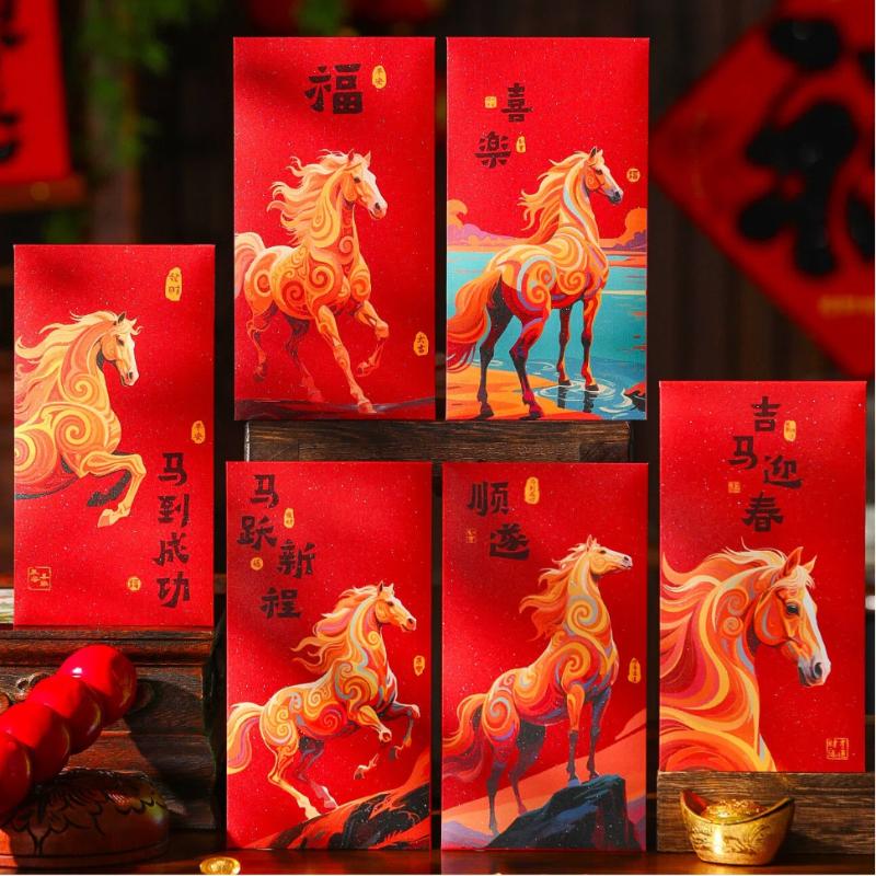 6Pcs 2026 Horse Year Spring Festival Red Envelope Lucky Red Pockets Chinese  Year Money Envelope