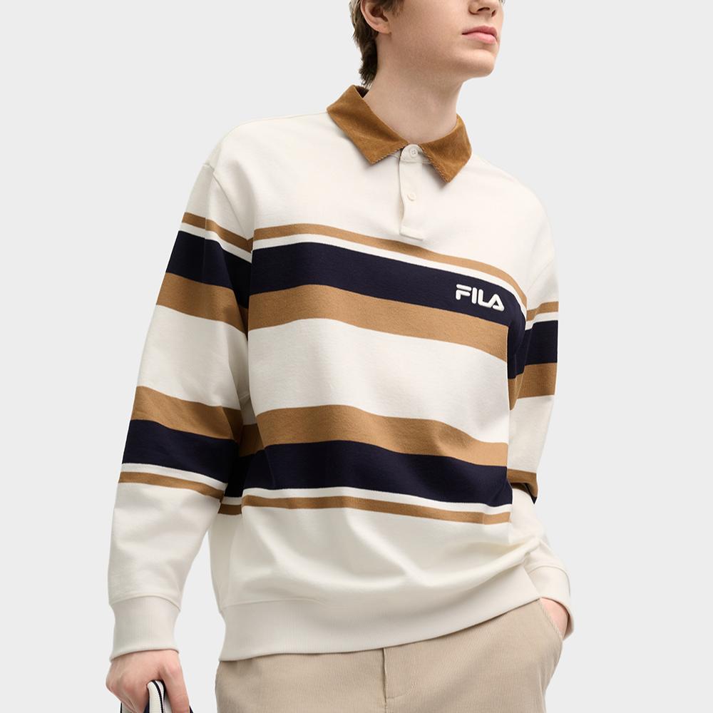Fila Versatile Casual Striped Long Sleeve Polo Shirt Men Tops Cloud-Mushroom-White F11M519205FWT