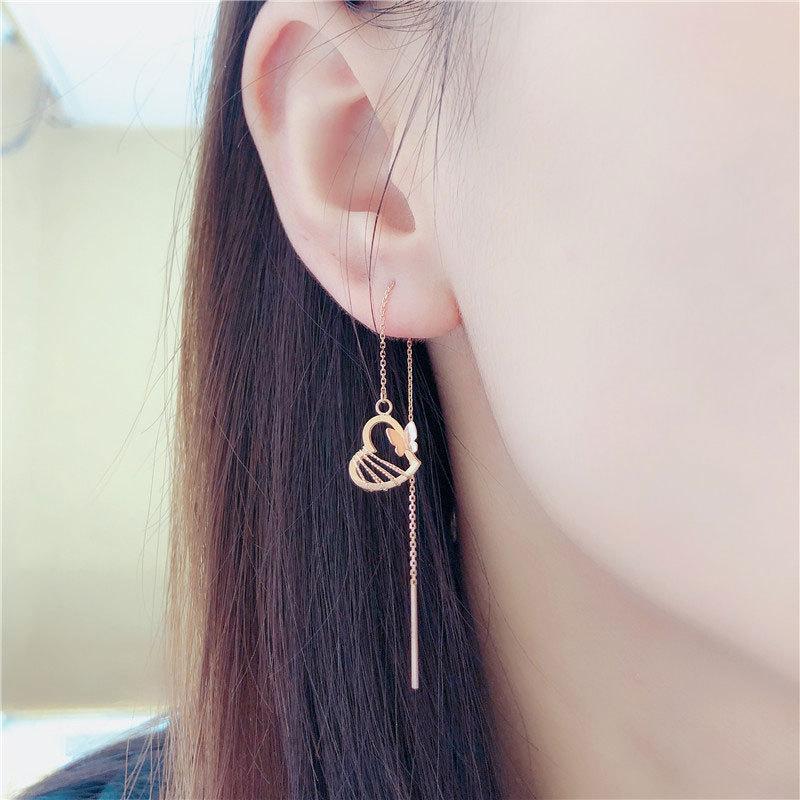 Purple Gold Heart-Shaped Butterfly Earphone, Exquisite Trendy Fashion Rose Gold-Plated Color Gold Earphone.