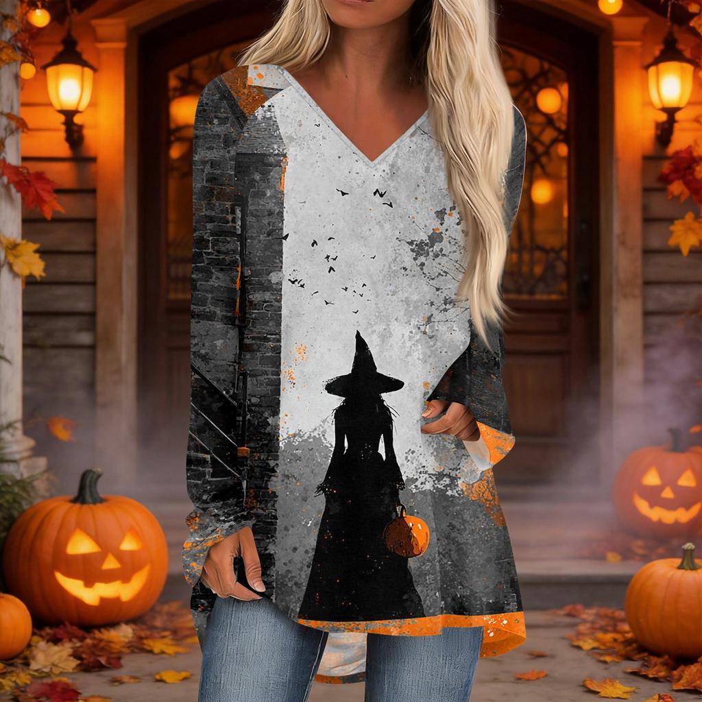 Women's Casual Long Sleeve V-Neck Print Mid-Length Tunic Top