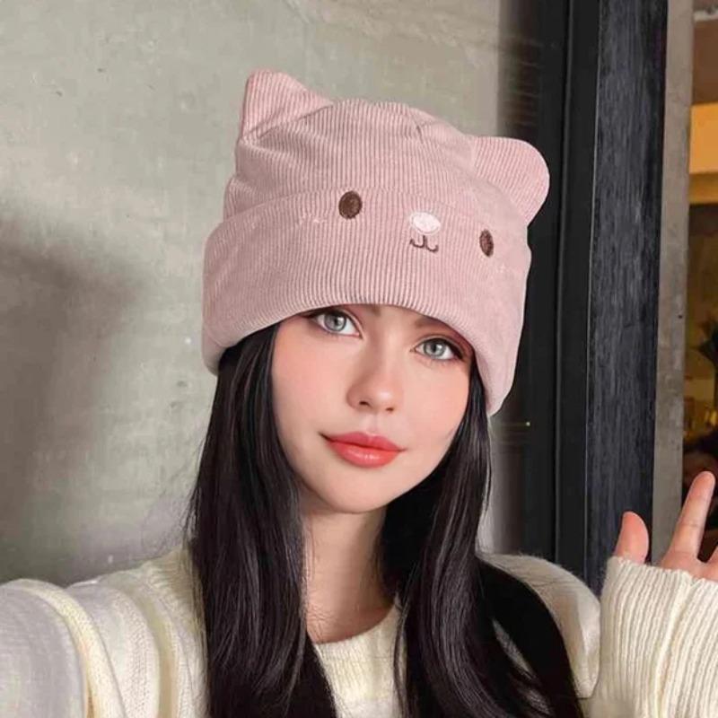 Winter Warm Knitted Slouchy Beanie for Women Embroidered Cat Ears Stretchy Cozy Hat Ladies Fashion Essential Winter Knit Cap