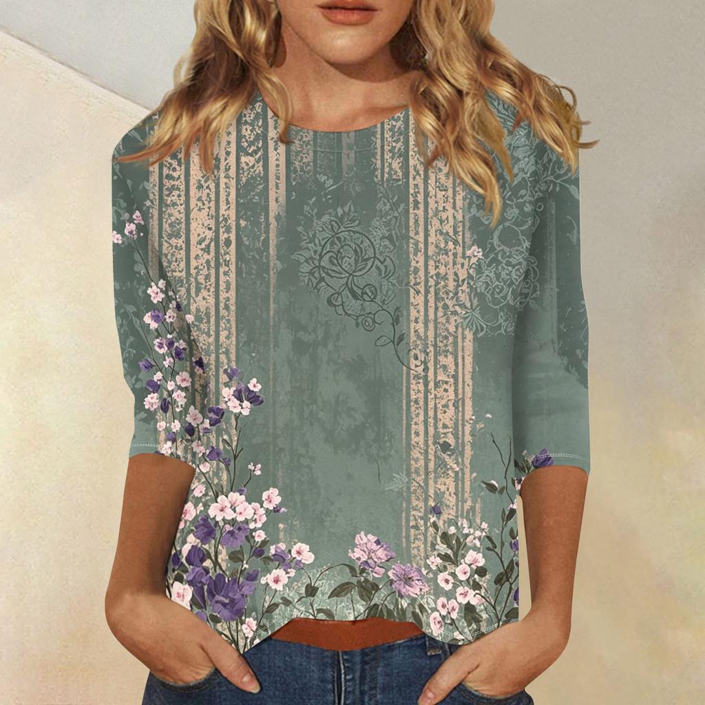 Women's Casual Three Quarter Sleeve Floral Print Crew Neck Top Loose Fit Lightweight Pullover Blouse for Daily Wear