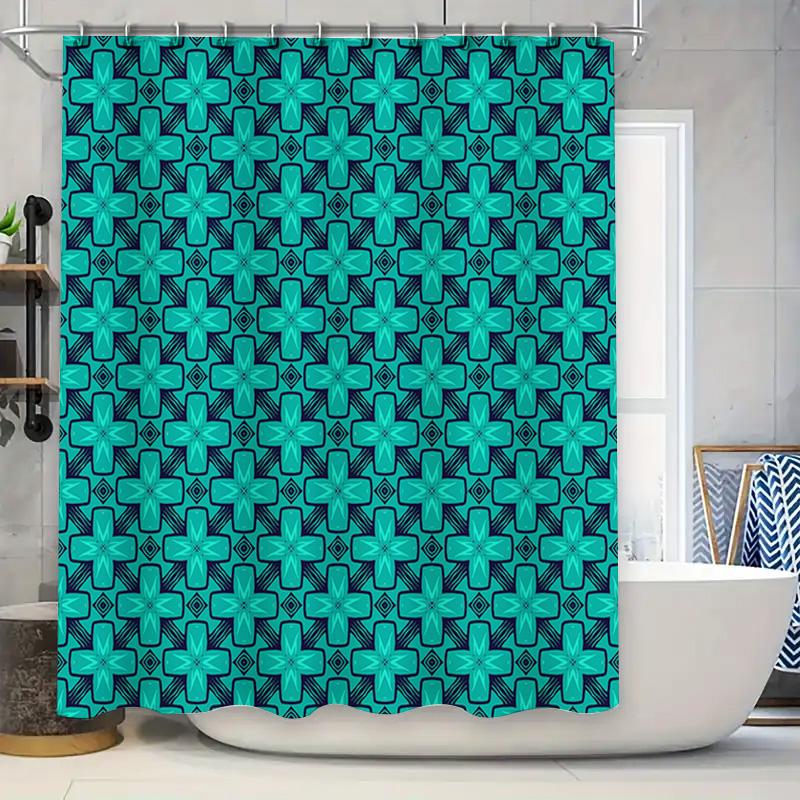 Monika Chen Blue/Black Modern Style Geometric Printed Shower Curtain For Bathroom Decoration 72 X 84 Inch Size Set With Hooks Included