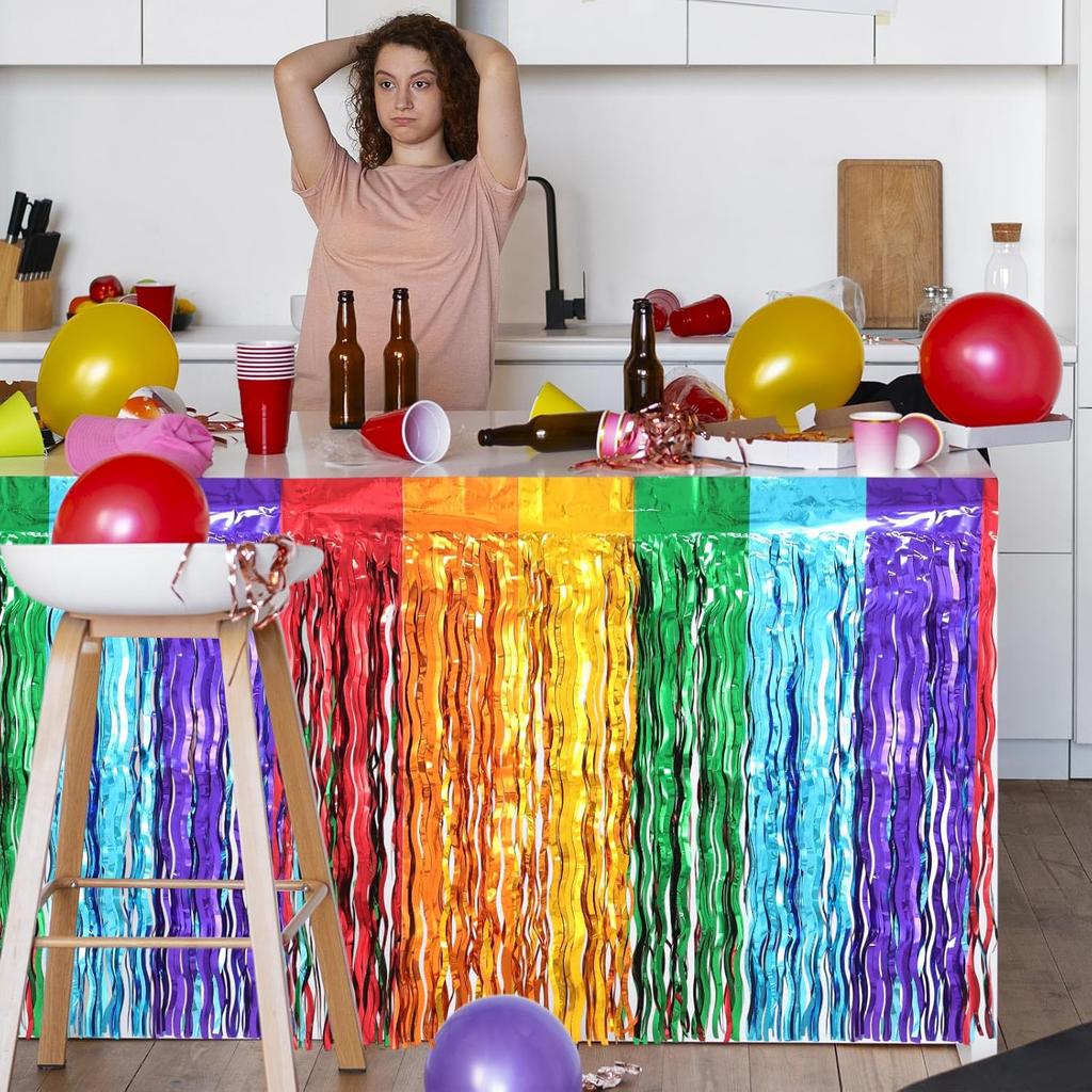 2 Pack Foil Table Skirts Fringe Table Banner Decorations, Rectangle Round Tables Curta Streamer Backdrop for Birthday Baby Shower Wedding Engagement