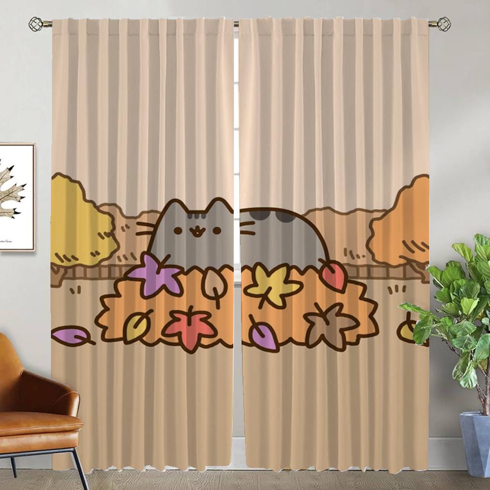 Pusheens Curtains for Living Room Curtain Tulle for Bedroom Shades Partition Halloween Decoration Curtains 2 Pieces Kitchen Home