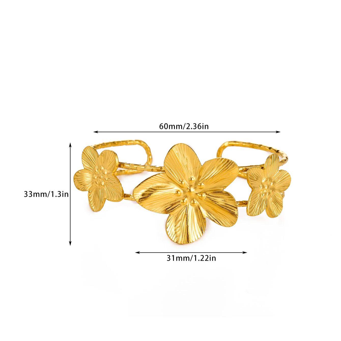 Элегантный браслет-манжета с цветами для женщин, золотистый цвет, нержавеющая сталь, водонепроницаемый, цветочный браслет-манжета, ювелирное украшение для вечеринки, подарок