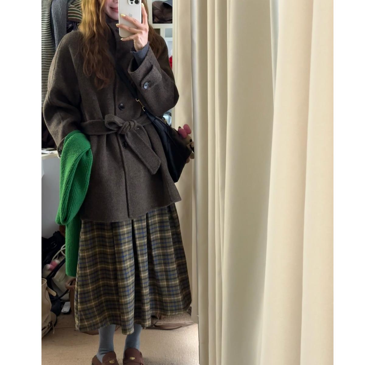 

Women s Herringbone Double-Faced Wool Stand Collar Coat, 2025 Winter Collection M