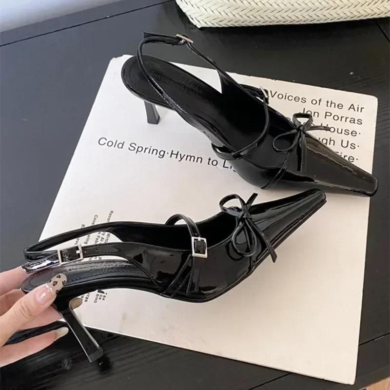 

2025Синяя лакированная кожа Женские сексуальные туфли-лодочки с острым носком, украшенные бантом, на каблуке, летние элегантные слинги, туфли 35 чёрный