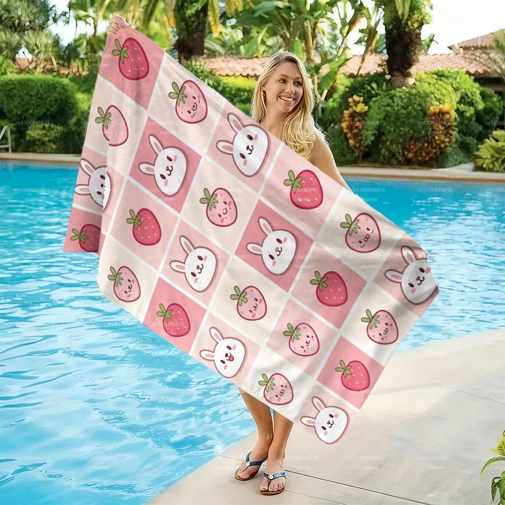 Cute Strawberry Bunny Print Beach Towel, Soft Microfiber Quick Dry Bath Towel for Women Girls