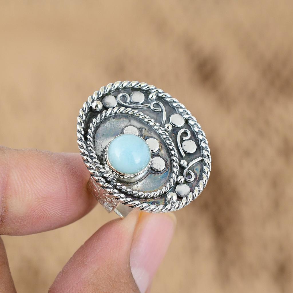 Gift For Women Promise Adjustable Ring 925 Silver Natural Larimar Gemstone
