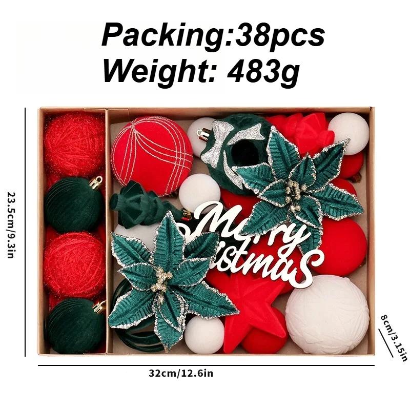 38PCS Luxury Plush Christmas Ball Set Xmas Ball Tree Top Star Bow Flower Combination Santa Tree Decor Set Christmas Home Decor