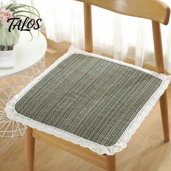 Thin Seat Pad for Home Cotton Linen Chair Pad, Striped Plaid Dining Mat with Lace Trim, Lightweight Wood Chairs Breathable Ties Office Barstool