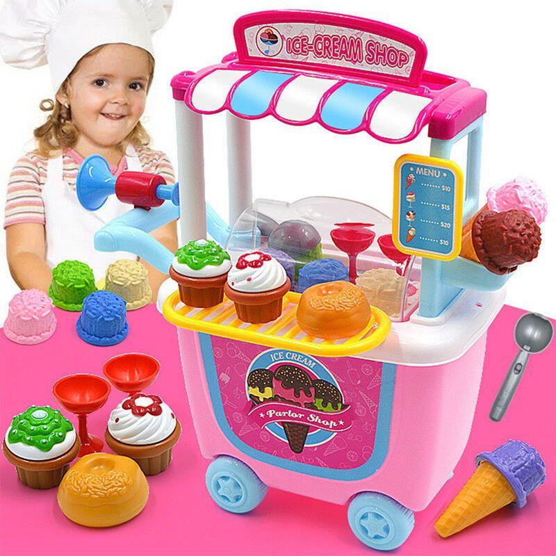 Cute Simulation Kids Ice Cream Shop Kitchen Cart Pretend Toy Set Role Play Gift