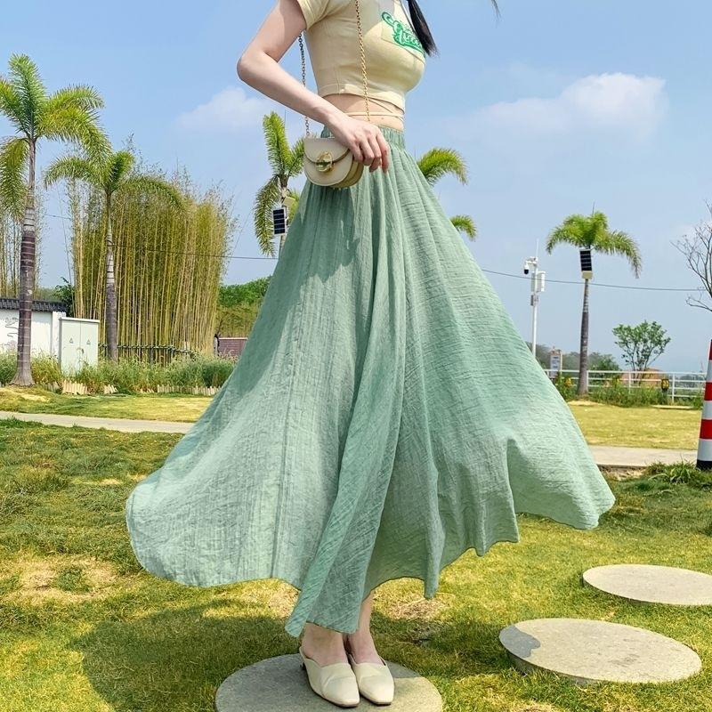 

Женская элегантная свободная льняная юбка макси с высокой талией, летняя женская юбка оверсайз, повседневная, на резинке, двухслойная One Size зелёный