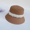 Internet Celebrity French Hepburn Style Flat Top Hat Women's Spring Summer Elegant Pearl Straw Hat Seaside Vacation Beach Sun Hat