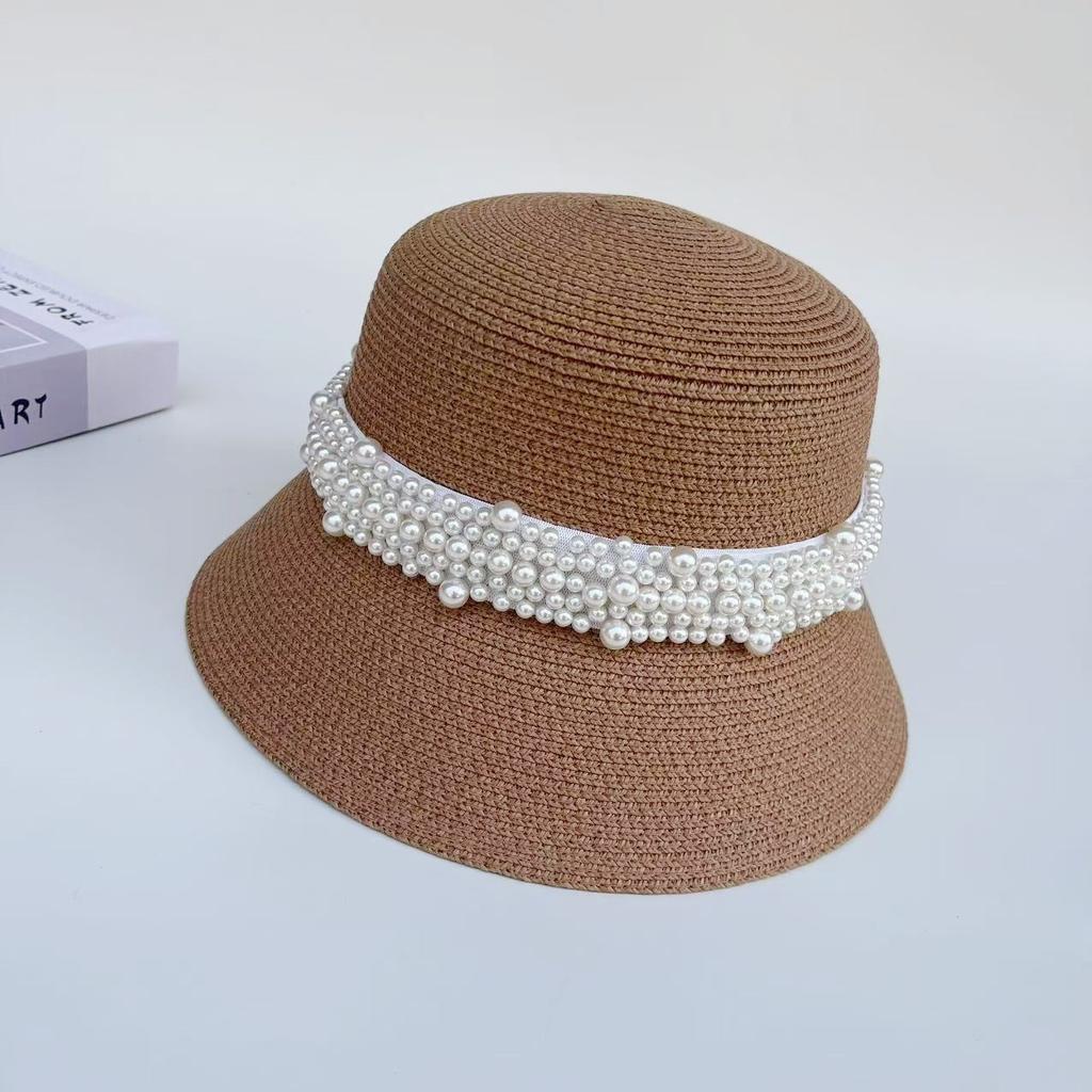 Internet Celebrity French Hepburn Style Flat Top Hat Women's Spring Summer Elegant Pearl Straw Hat Seaside Vacation Beach Sun Hat