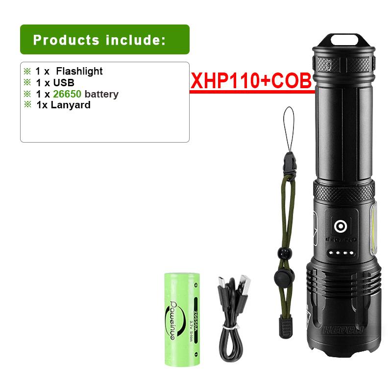 Side Light Flashlight Super Bright XHP110 LED+COB Torch Rechargeable Flash Light Waterproof Lamp Zoomable Lantern