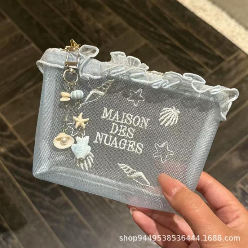 

Blue new mesh shell embroidery cosmetic bag women s portable makeup bag aunt tissue lipstick storage bag