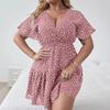 Plus Size V-neck Ruffle Short Sleeve Wrapped Printed Dress for Women Fashion Elegant Party Short Dress Loose Casual Sweet A-line Dresses Holiday