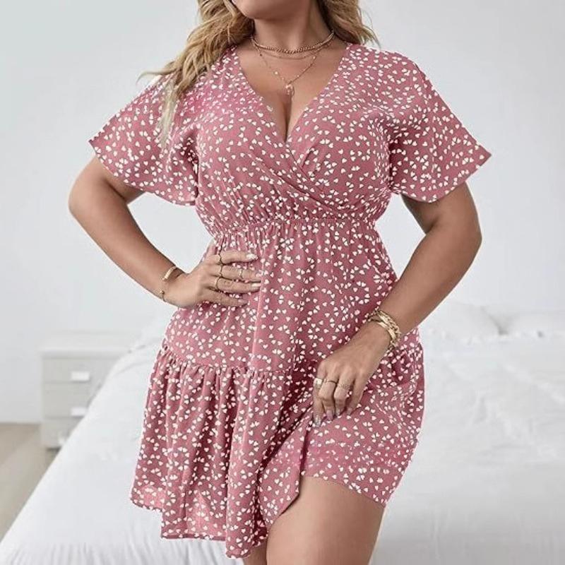 Plus Size V-neck Ruffle Short Sleeve Wrapped Printed Dress for Women Fashion Elegant Party Short Dress Loose Casual Sweet A-line Dresses Holiday