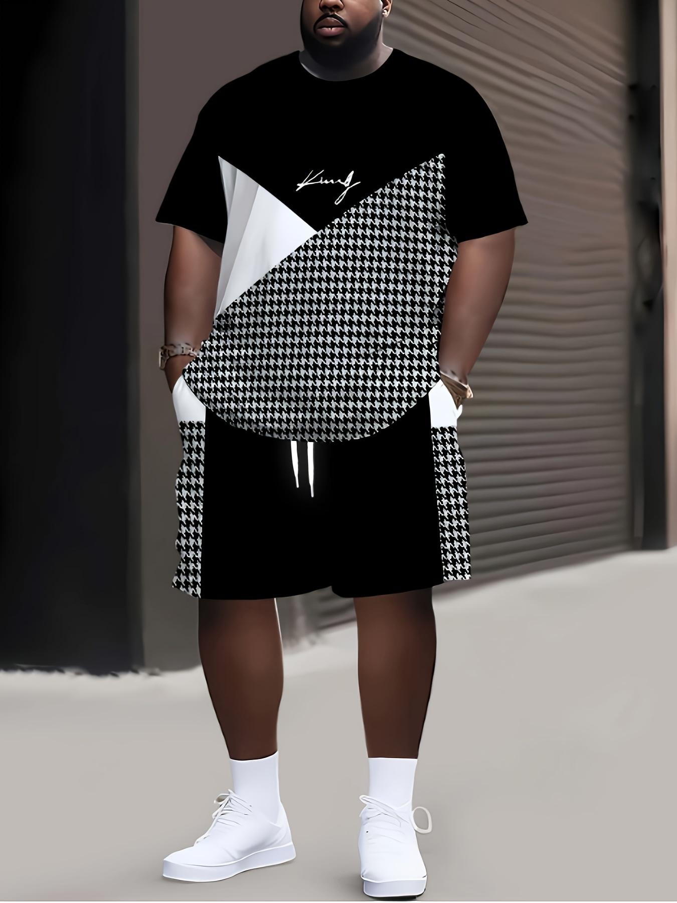 

Plus Size 2pcs Men S King Letter Print Plaid Short Sleeve T-Shirt And Drawstring Shorts Set Casual Set Suitable for Summer Outdoor Wear 5XL