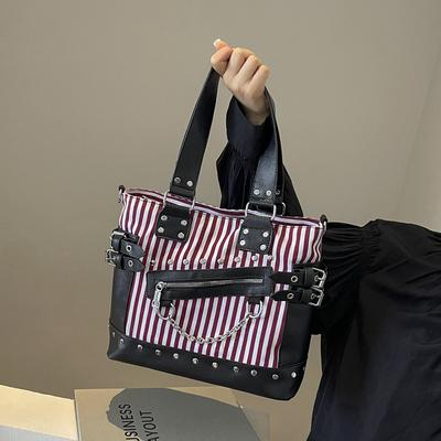 Striped PU and Canvas Shoulder Bags with Large Capacity Exclusive Design Crossbody Tote Super Cool Casual
