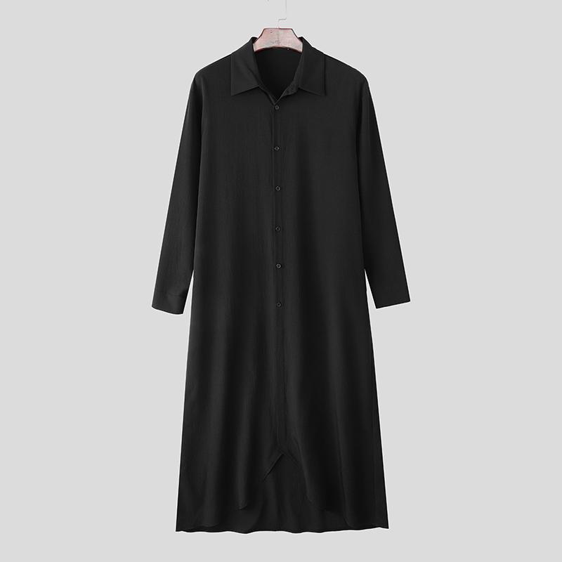 

INCERUN Men Turn-down Collar Long Sleeve Buttons Irregular Hem High Splits Long Shirts Tunic S чёрный