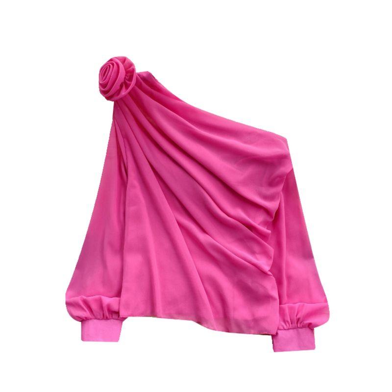 Shirt for Women 2024 New Design Sense Three-Dimensional Flower Diagonal Collar off-the-Shoulder Puff Sleeves French Tops Women's Spring Fashion