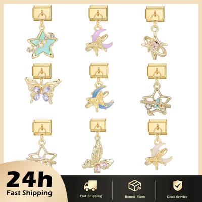 Summer Colorful Star Moon Butterfly Golden Italian Charm Links Fit 9MM Bracelet Stainless Steel Women Men DIY Making Jewelry