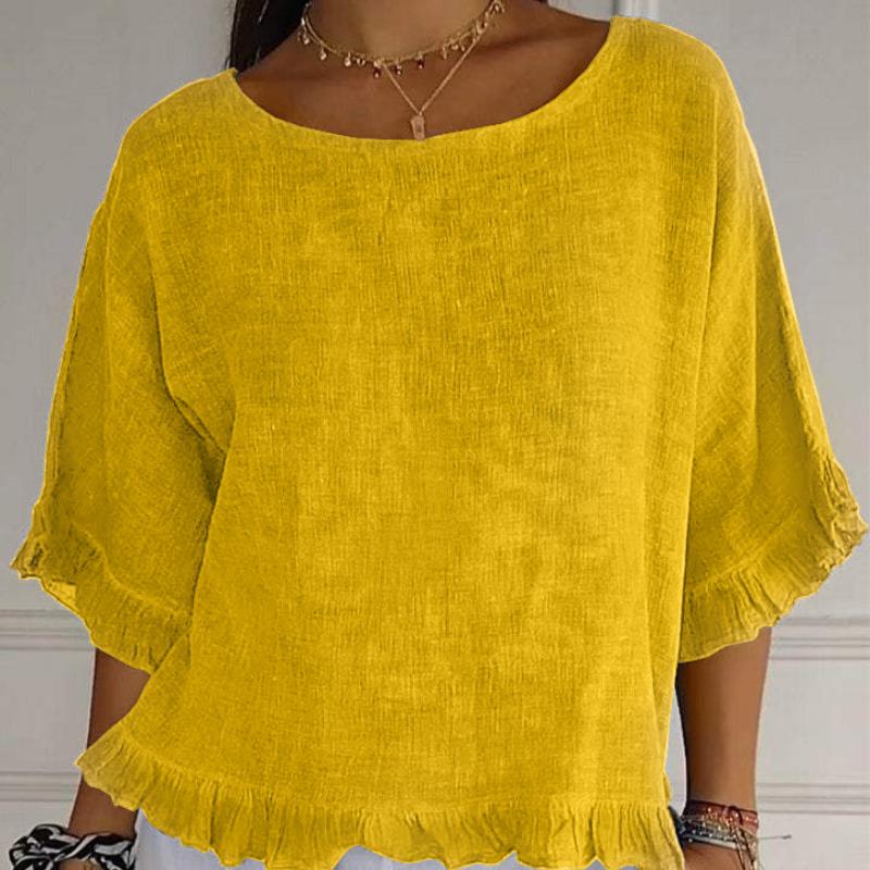 Summer Casual T-Shirt Round Neck Short Sleeved Cotton Linen Blouse Casual Solid Color Loose Pullover Clothes Fit Shirt for Women