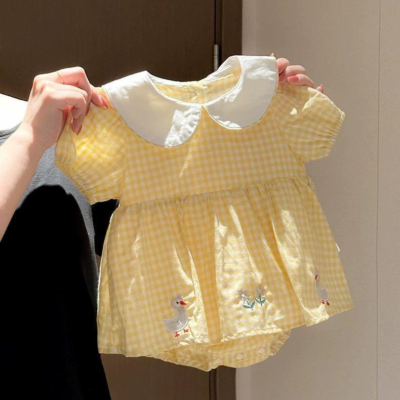 Sweet Cute Baby Girl Onesie Plaid Pattern Rabbit Embroidery Doll Collar Stylish Summer Crawling Bodysuit
