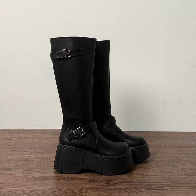 

Retro French black platform boots women s 2025 new summer small fat mm thin and heightened knight boots 39 чёрный