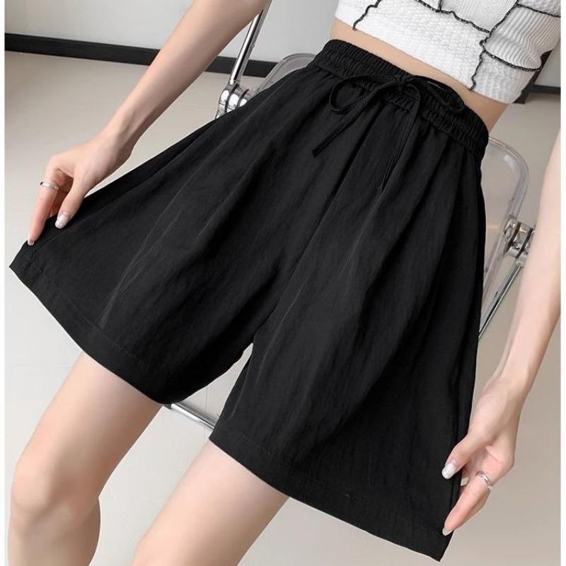 Muscle Sense Shorts, Women's Summer Thin Elastic Waist Loose Straight Pleated Cool Pants, Thin Wide Leg Five Pants