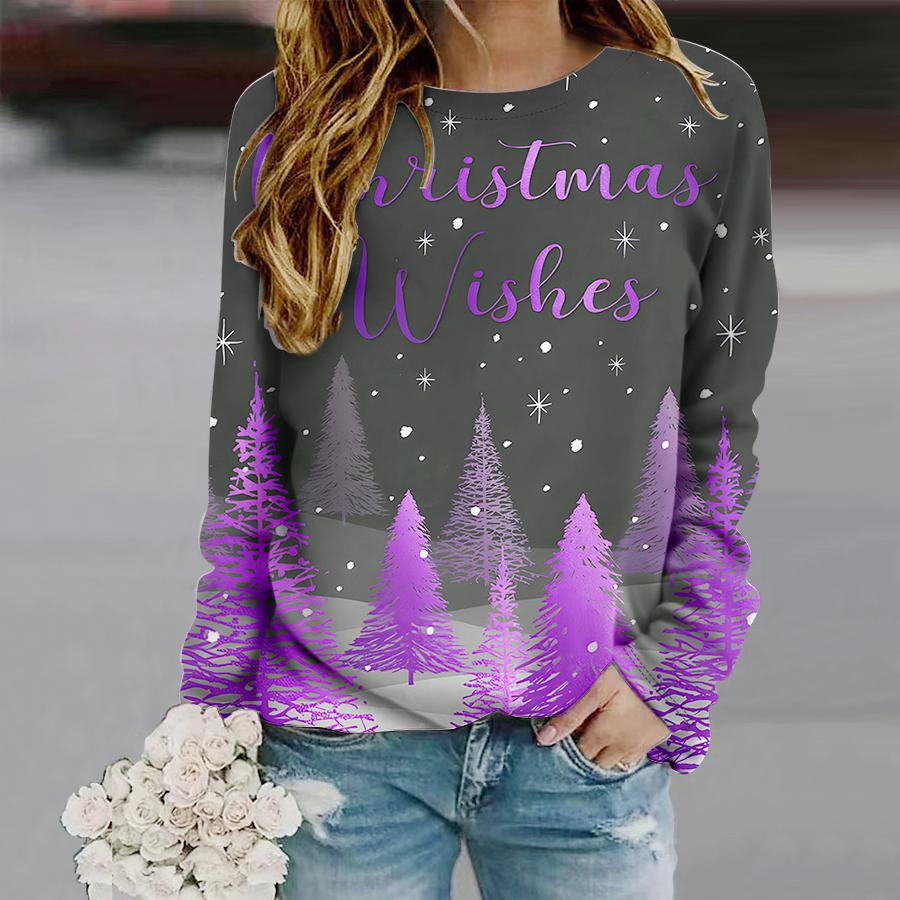 Tops For Women Christmas Tree Snowflakes Print Round Neck Long Sleeve T-shirt Fall Casual Slim Pullover Women's Long Sleeve Top