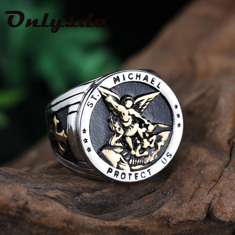 1/316L Stainless Steel St Michael Men Rings Religious Talisman Biker Ring Fashion Jewelry for Boys and Men